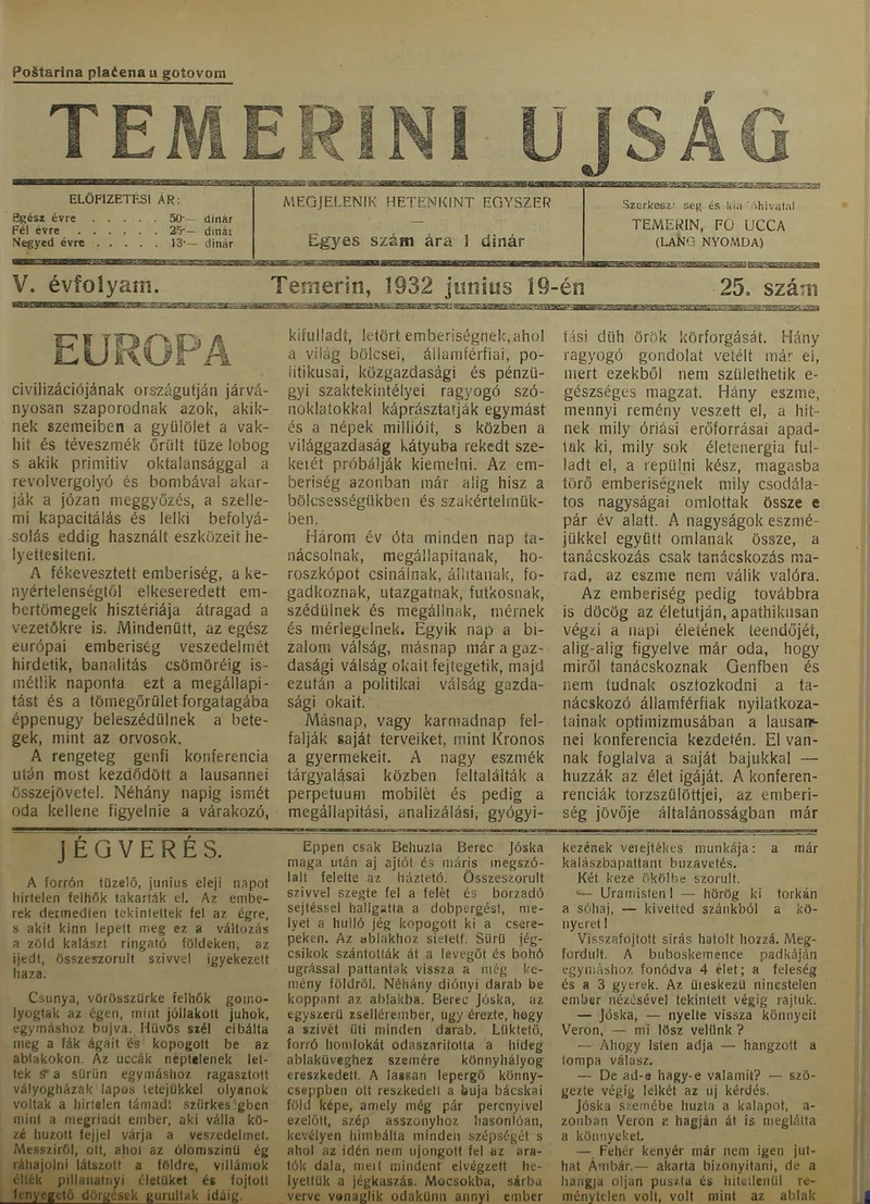 Temerini Újság 1928-1944, 5. évf. 1932. június 19. 25. sz.