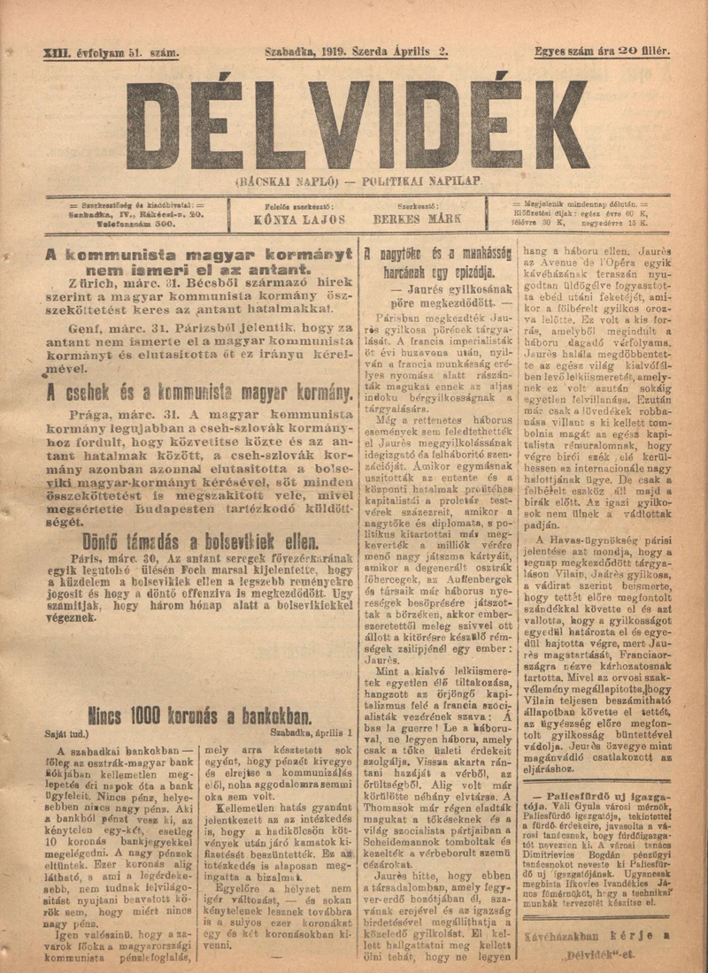 Délvidék, 13. évf. 1919. április 2. 51. sz.