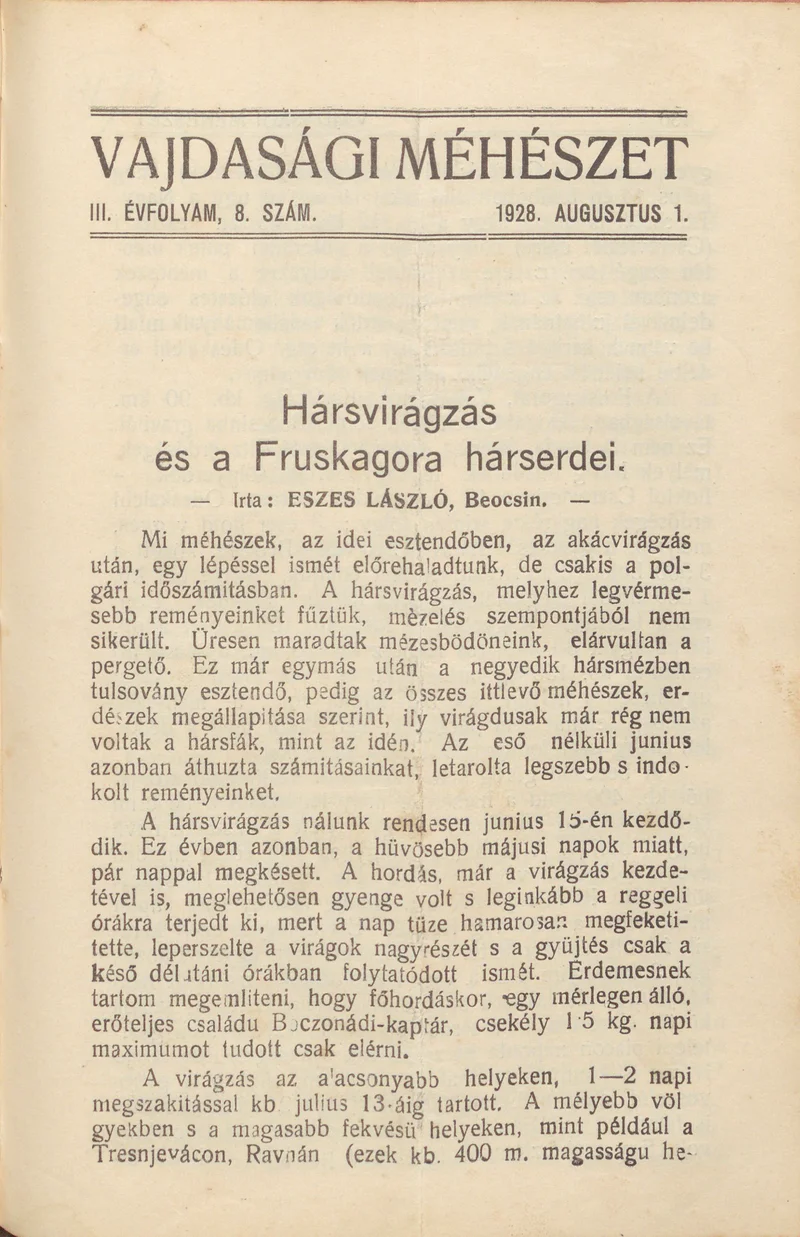Vajdasági méhészet, 3. évf. 1928. augusztus 1. 8. sz.