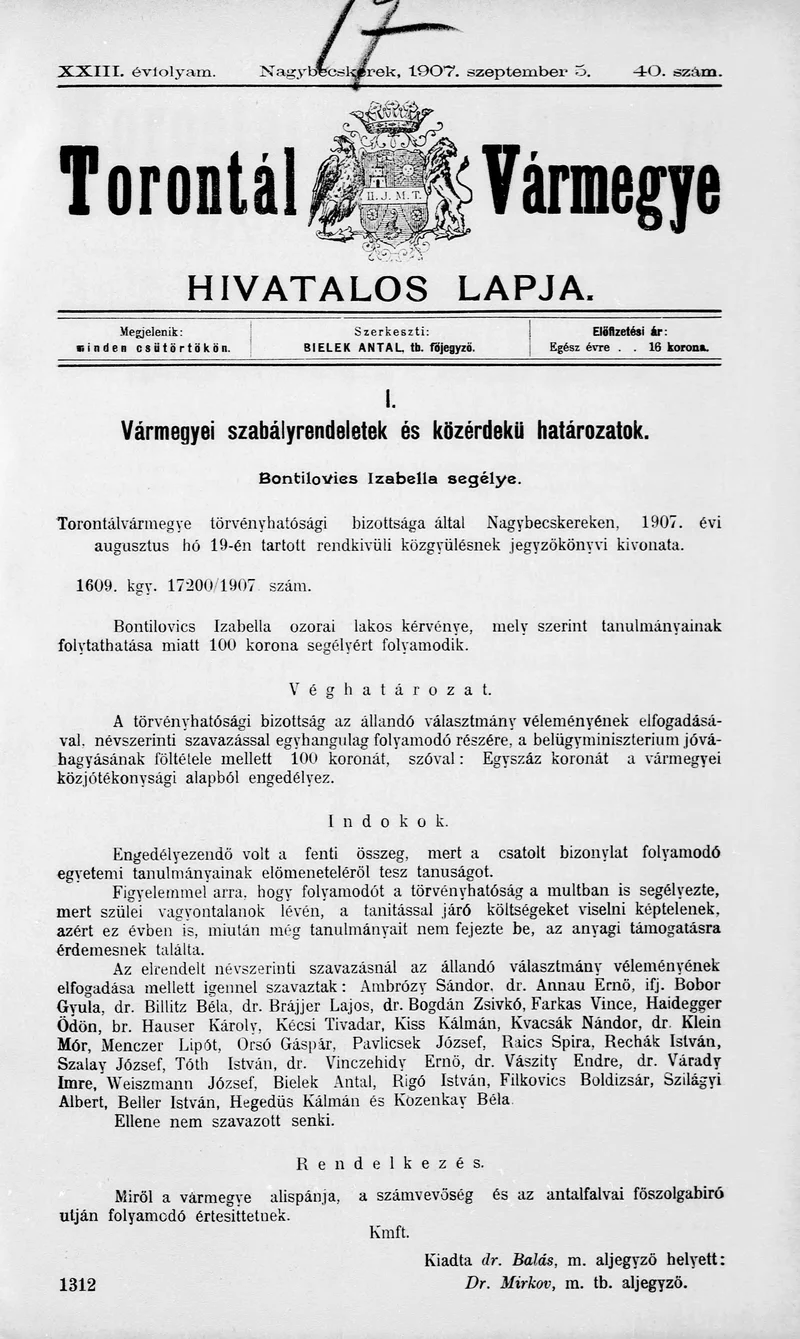 Torontál Vármegye Hivatalos Lapja, 23. évf. 1907. szeptember 5. 40. sz.