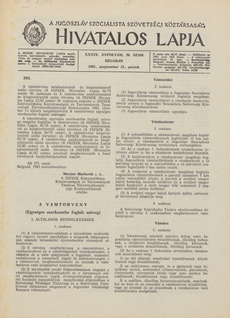 A Jugoszláv Szocialista Szövetségi Köztársaság Hivatalos Lapja, 39. évf. 1983. szeptember 23. 50. sz. 1385–1444. oldal