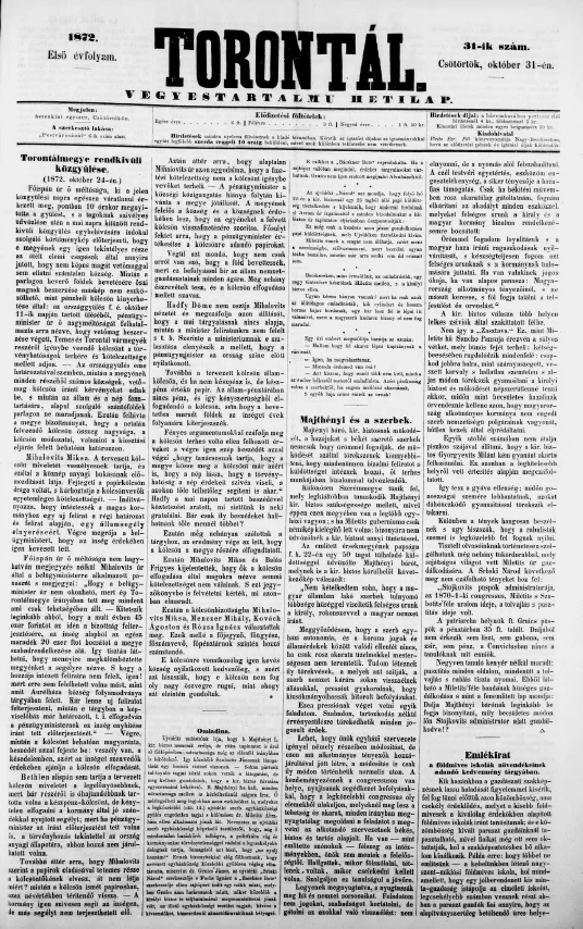 Torontál, 1. évf. 1872. október 31. 31. sz.