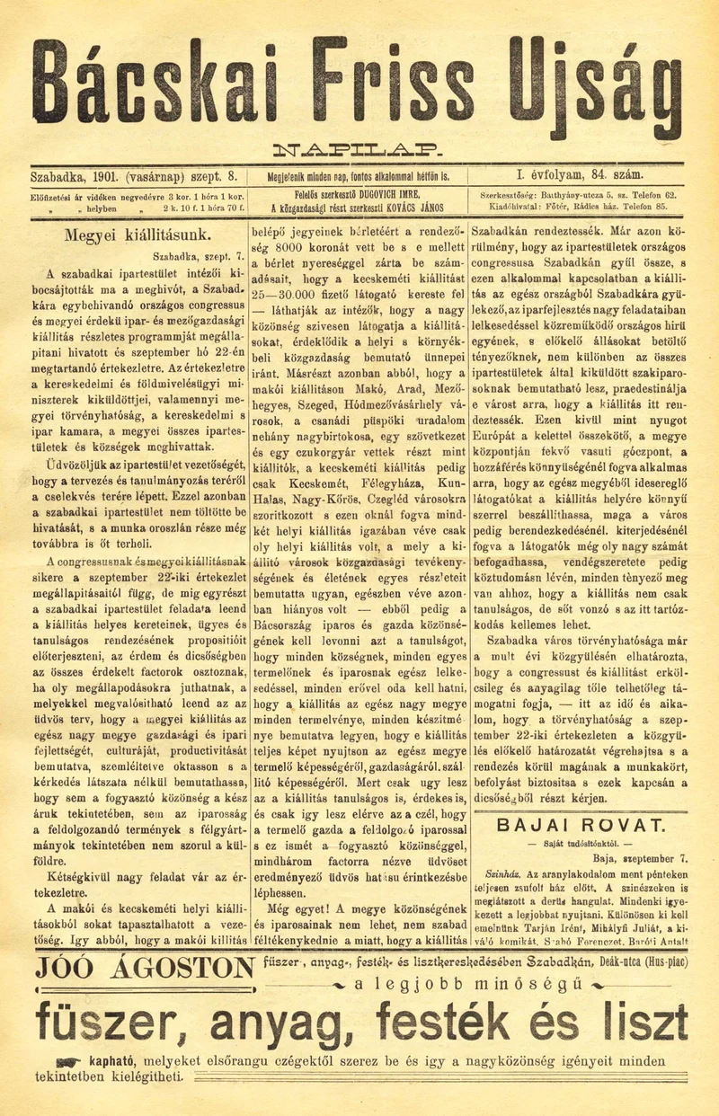 Bácskai Friss Ujság, 1. évf. 1901. szeptember 8. 84. sz.
