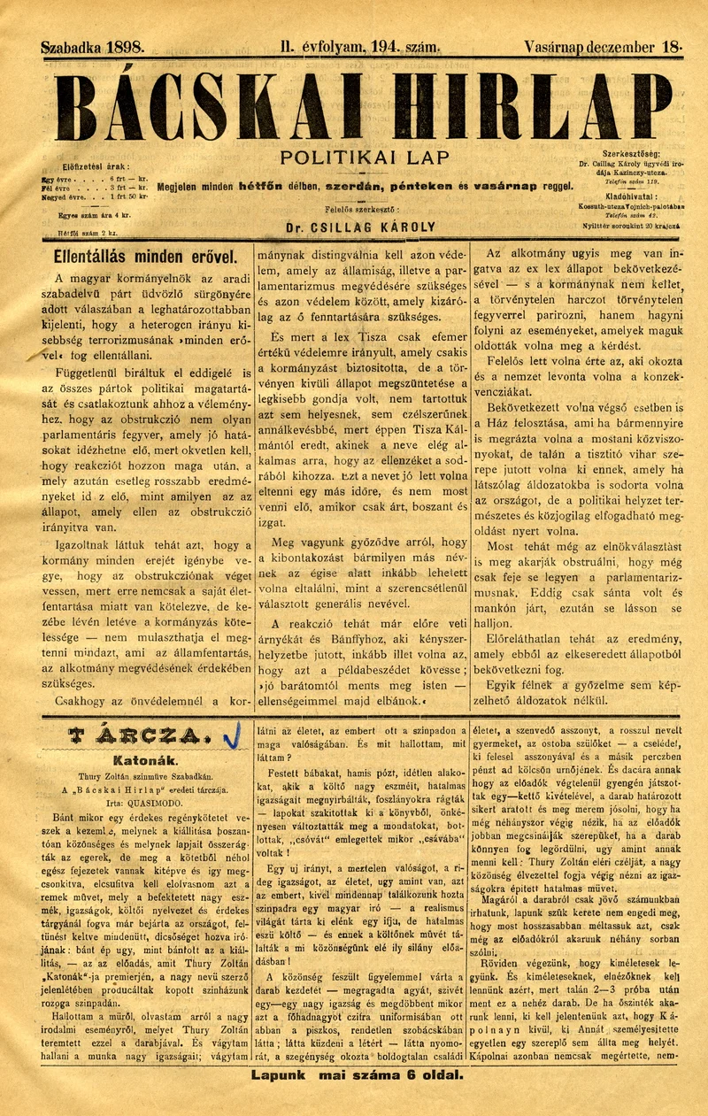 Bácskai Hirlap, 2. évf. 1898. december 18. 194. sz. 1–6. oldal