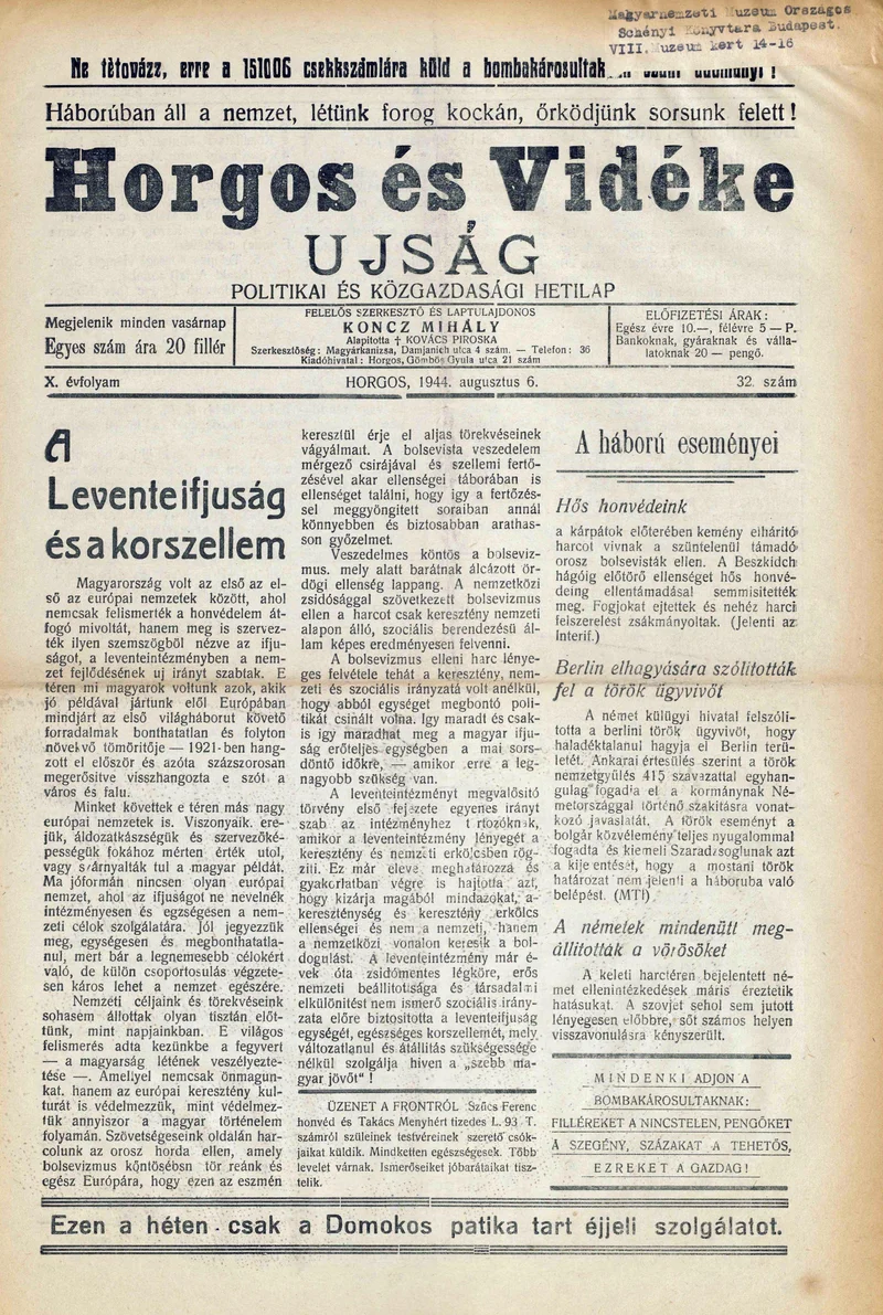 Horgos és vidéke, 9. évf. 1944. augusztus 6. 32. sz.