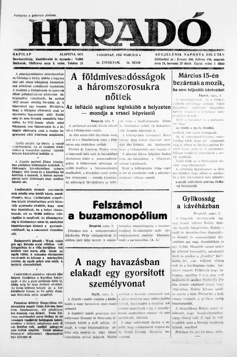 Híradó, 61. évf. 1932. március 6. 54. sz.