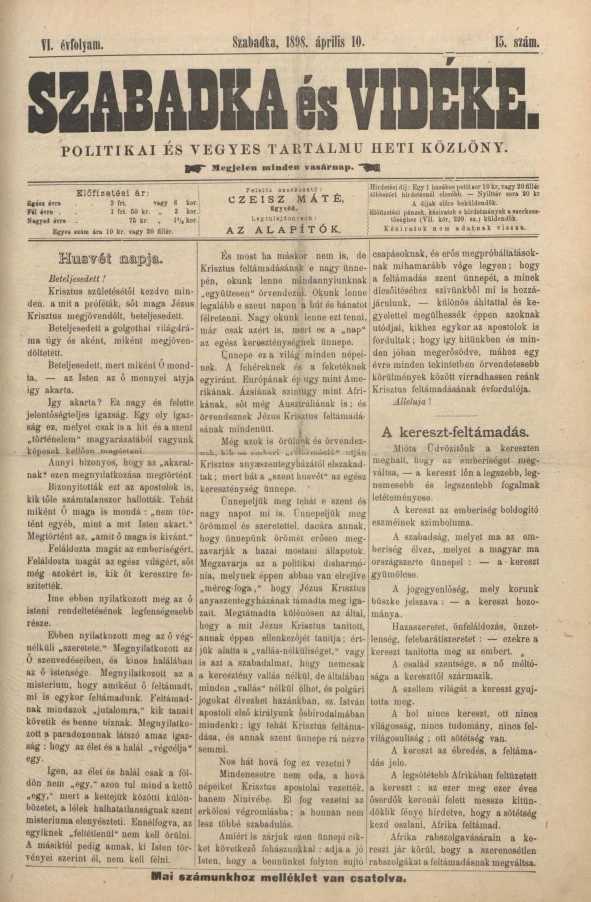 Szabadka és vidéke II, 6. évf. 1898. április 10. 15. sz.