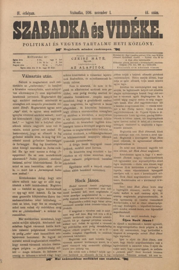 Szabadka és vidéke II, 4. évf. 1896. november 1. 44. sz.