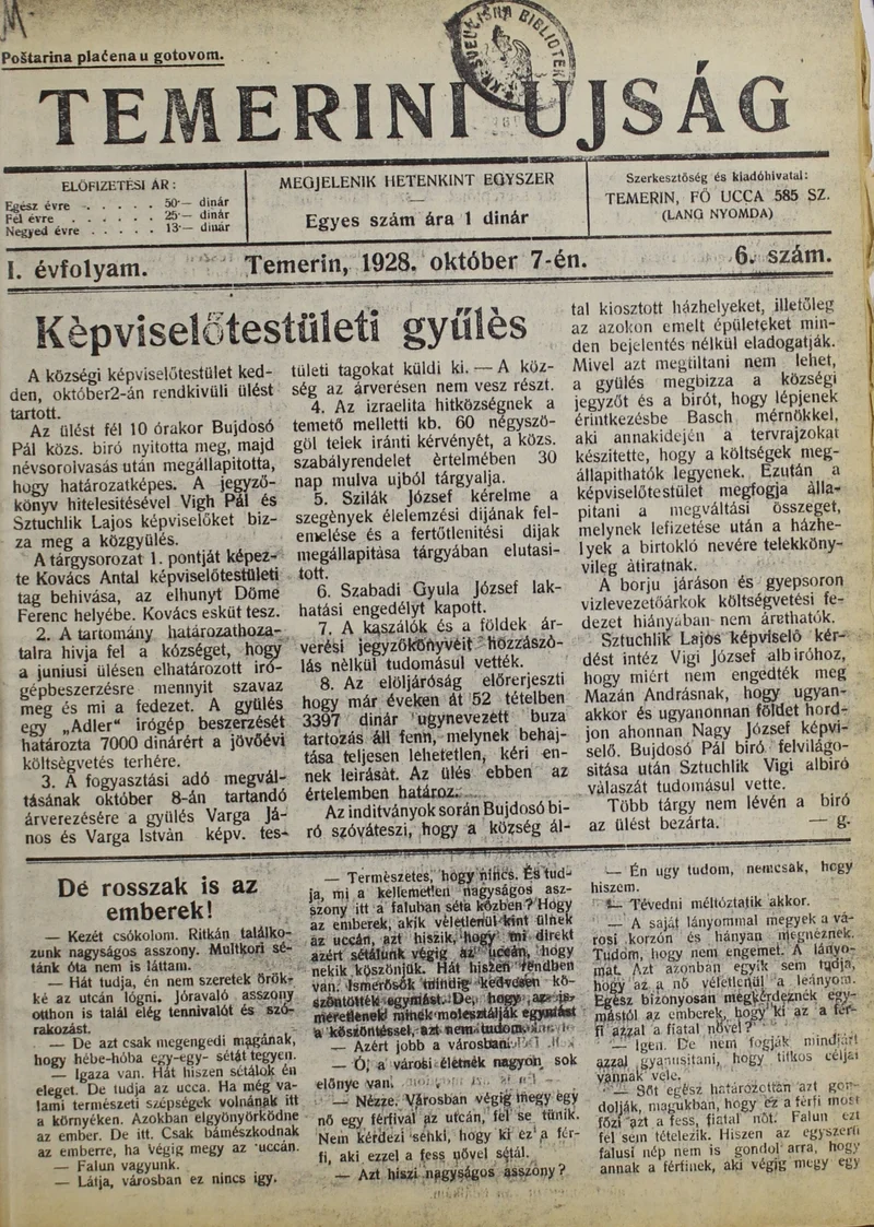 Temerini Újság 1928-1944, 1. évf. 1928. október 7. 6. sz.