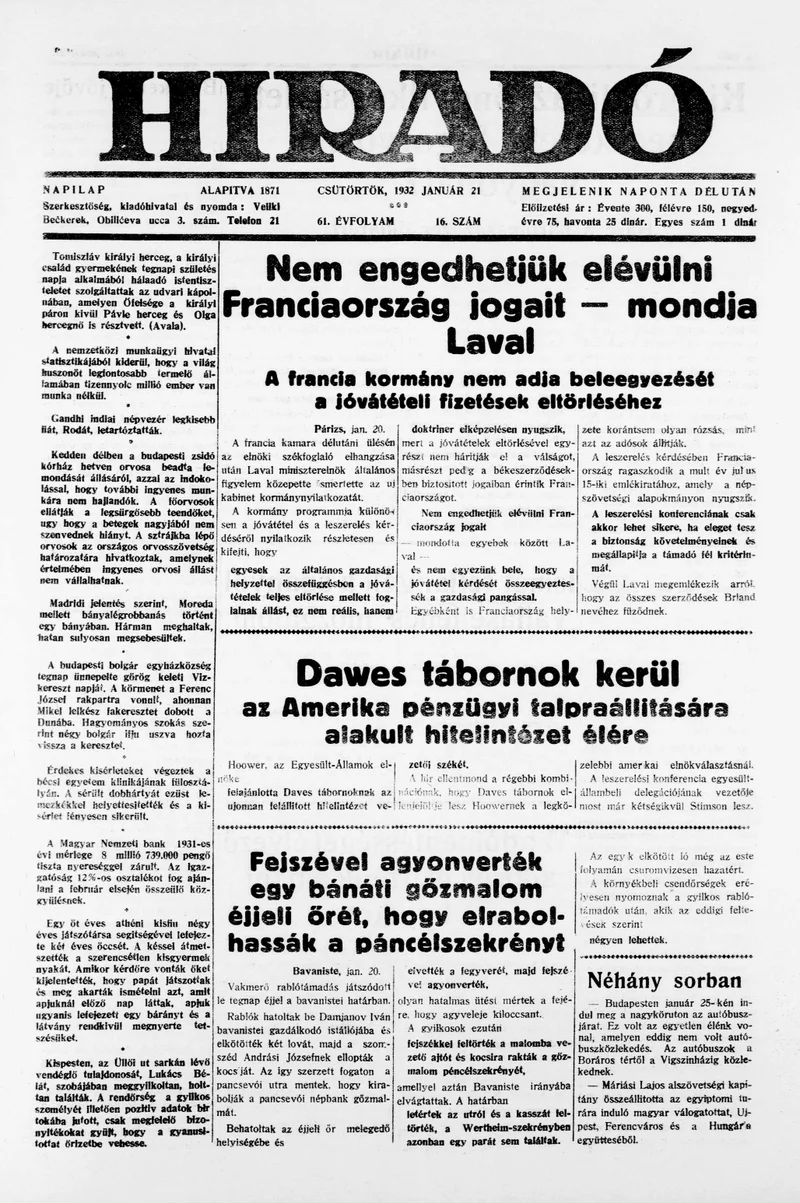 Híradó, 61. évf. 1932. január 21. 16. sz.