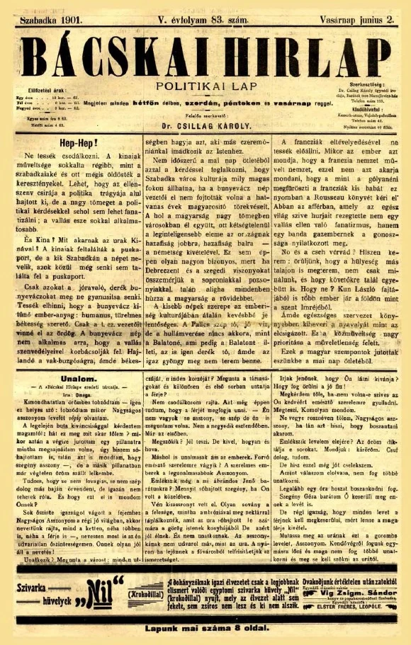 Bácskai Hirlap, 5. évf. 1901. június 2. 83. sz.