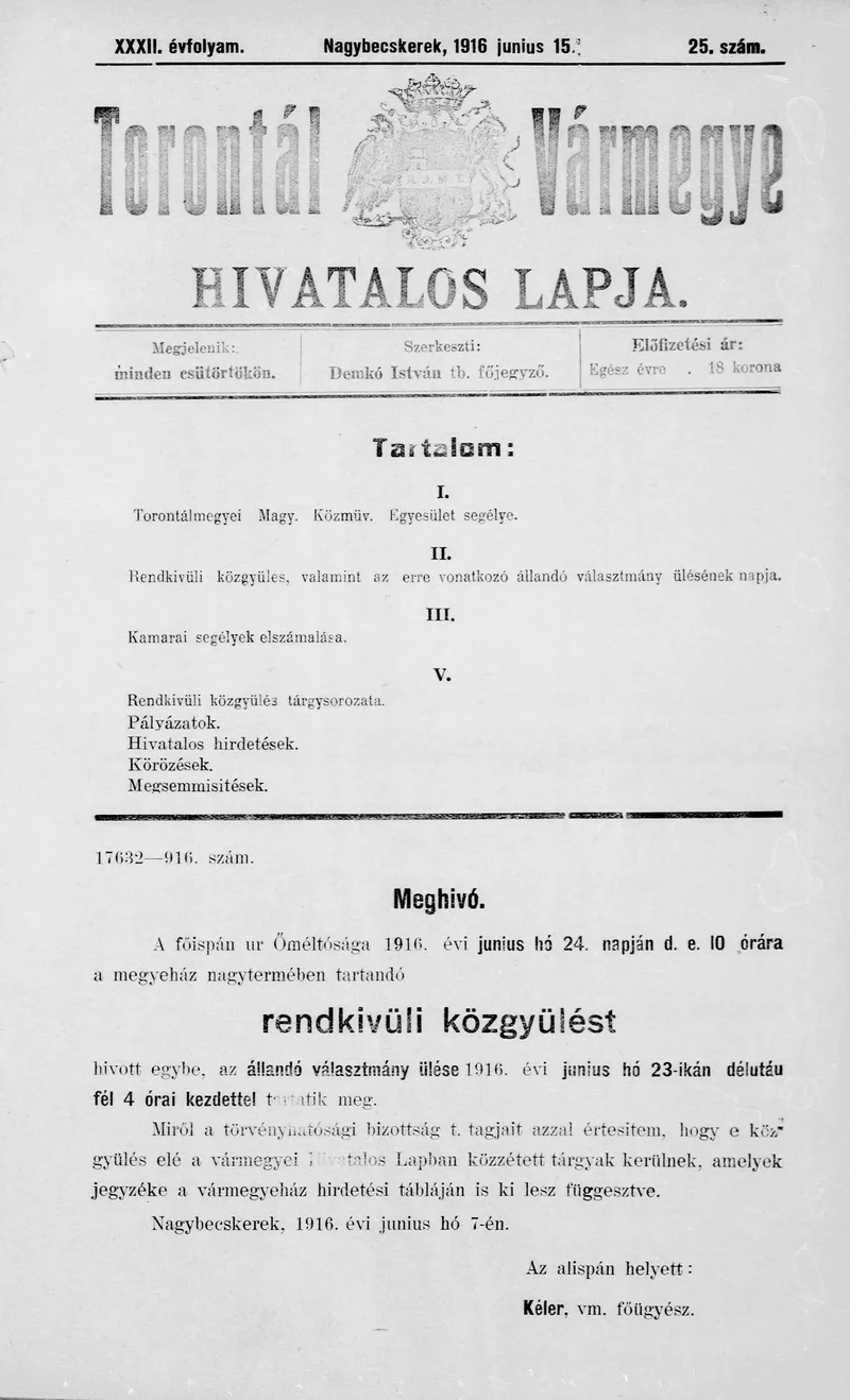 Torontál Vármegye Hivatalos Lapja, 32. évf. 1916. június 15. 25. sz.