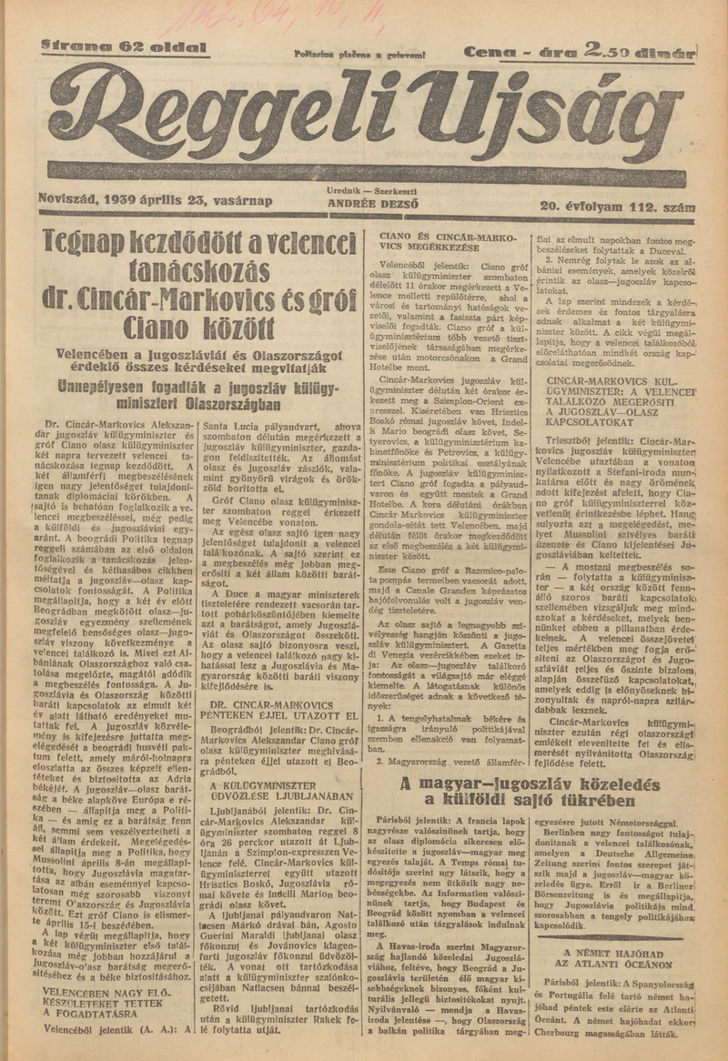 Reggeli Újság, 20. évf. 1939. április 23. 112. sz.