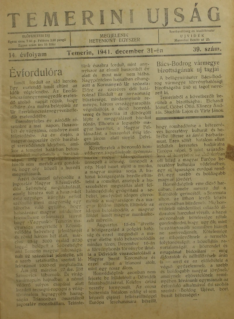 Temerini Újság 1928-1944, 14. évf. 1941. december 31. 39. sz.