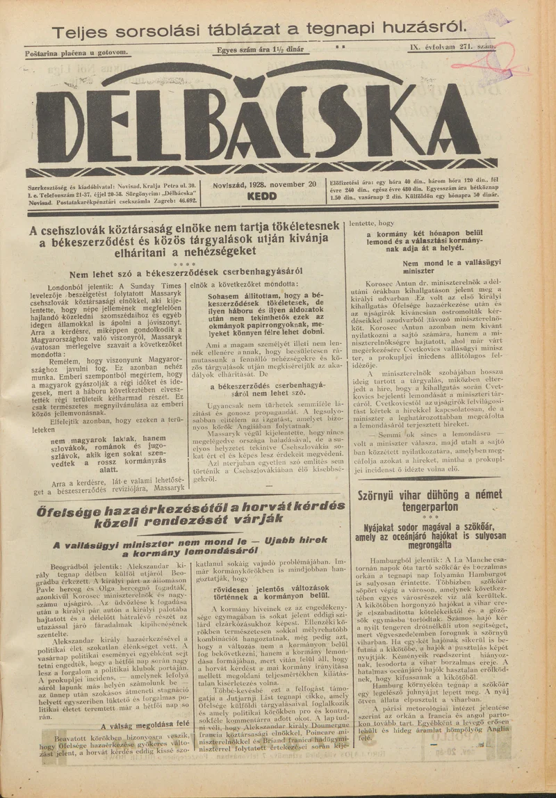 Délbácska, 9. évf. 1928. november 20. 271. sz.