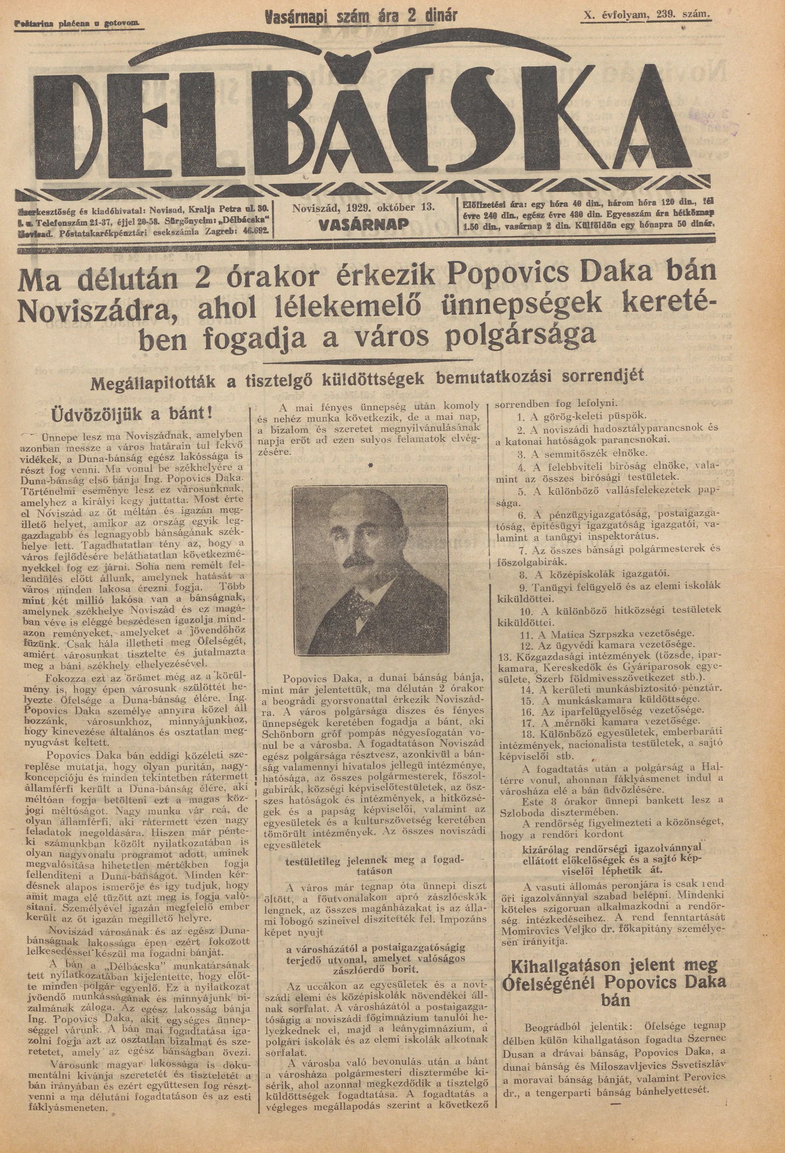 Délbácska, 10. évf. 1929. október 13. 239. sz.