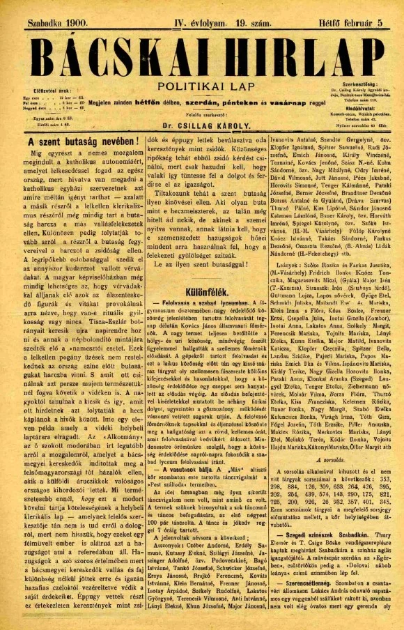 Bácskai Hirlap, 4. évf. 1900. február 5. 19. sz.