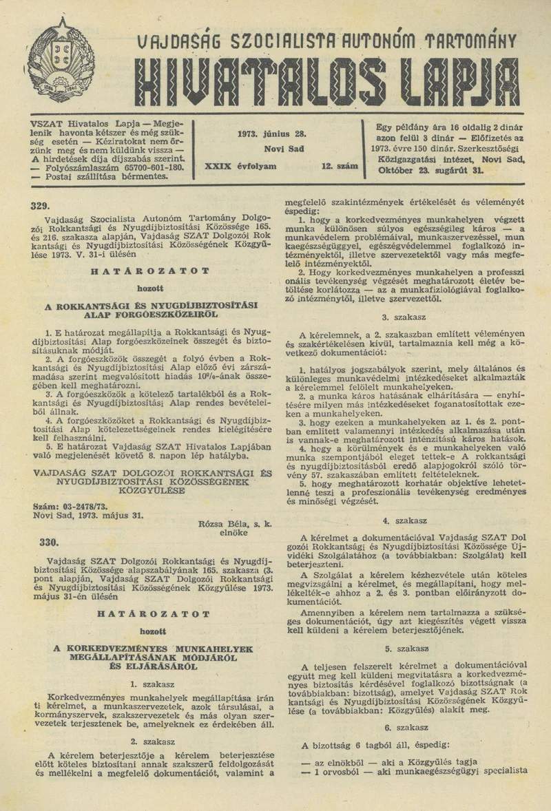 Vajdaság Szocialista Autonóm Tartomány Hivatalos Lapja, 29. évf. 1973. június 28. 12. sz. 309–312. oldal