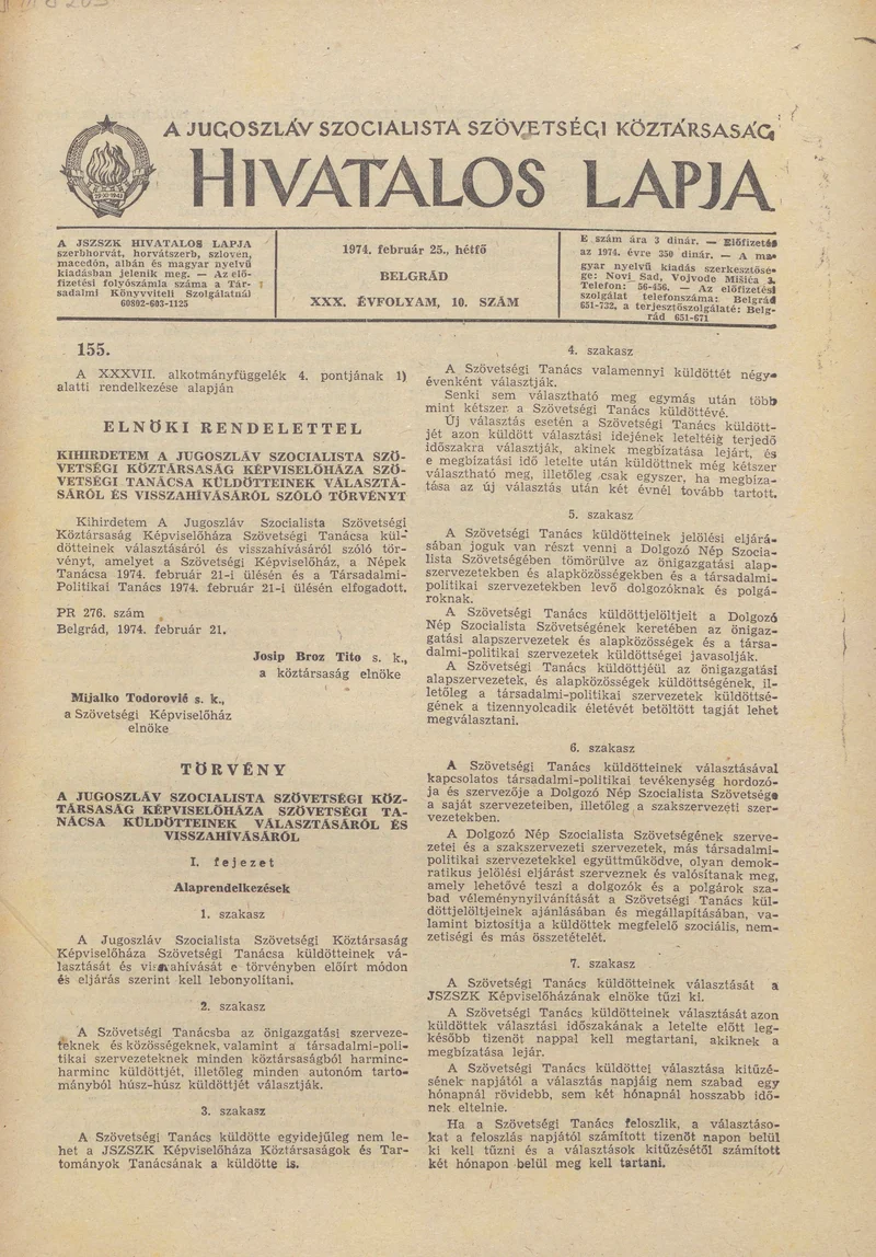 A Jugoszláv Szocialista Szövetségi Köztársaság Hivatalos Lapja, 30. évf. 1974. február 25. 10. sz. 273–284. oldal