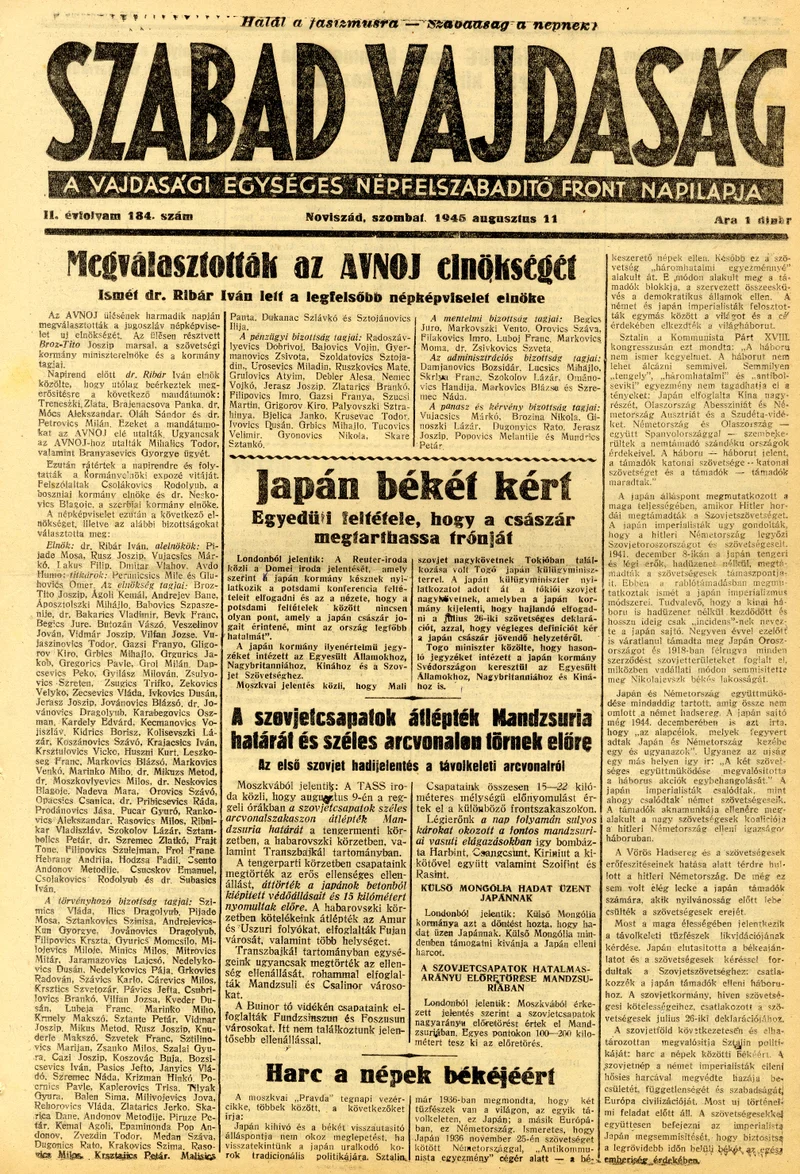 Szabad Vajdaság, 2. évf. 1945. augusztus 11. 184. sz.