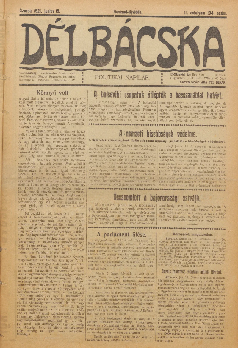 Délbácska, 2. évf. 1921. június 15. 134. sz.