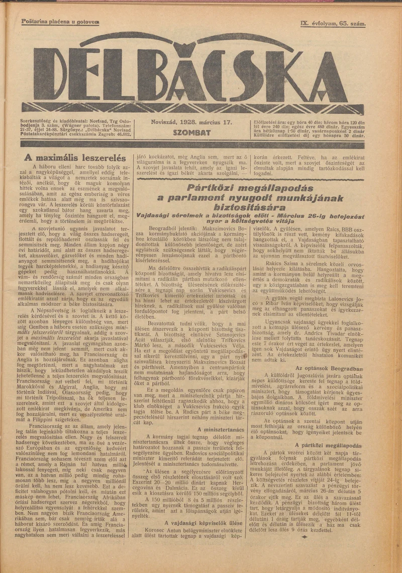 Délbácska, 9. évf. 1928. március 17. 65. sz.