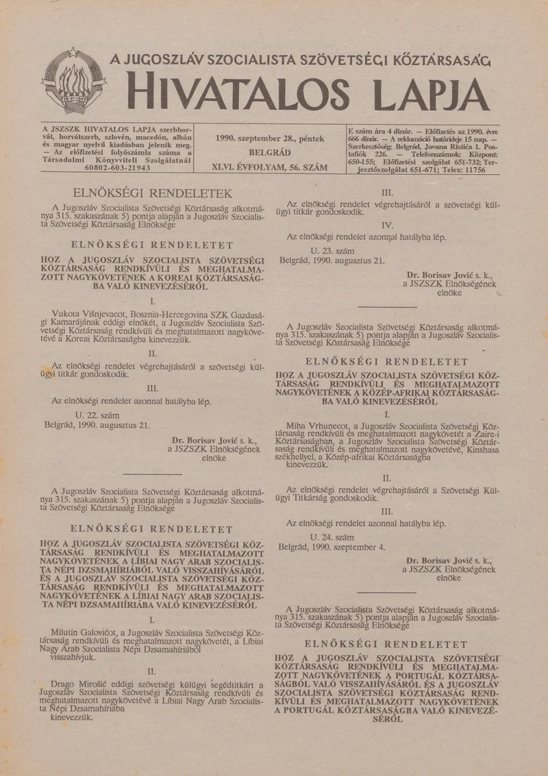 A Jugoszláv Szocialista Szövetségi Köztársaság Hivatalos Lapja, 46. évf. 1990. szeptember 28. 56. sz. 1801–1804. oldal