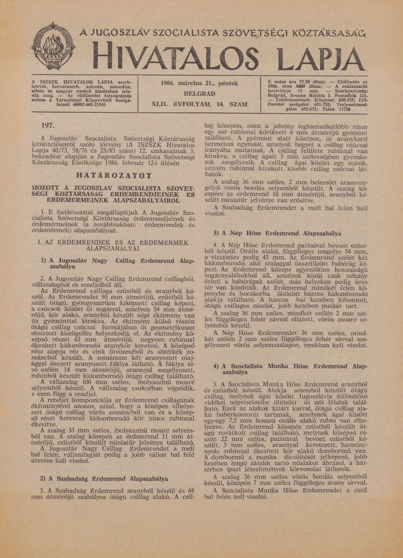 A Jugoszláv Szocialista Szövetségi Köztársaság Hivatalos Lapja, 42. évf. 1986. március 21. 14. sz. 389–407. oldal