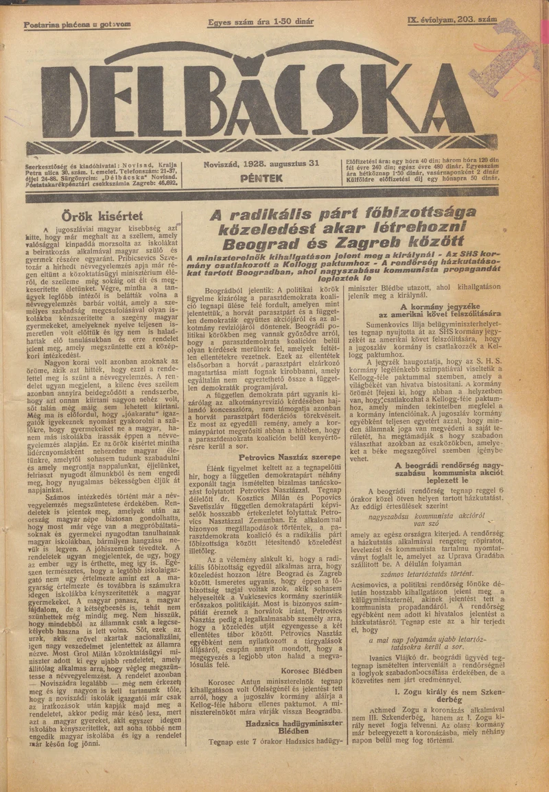 Délbácska, 9. évf. 1928. augusztus 31. 203. sz.