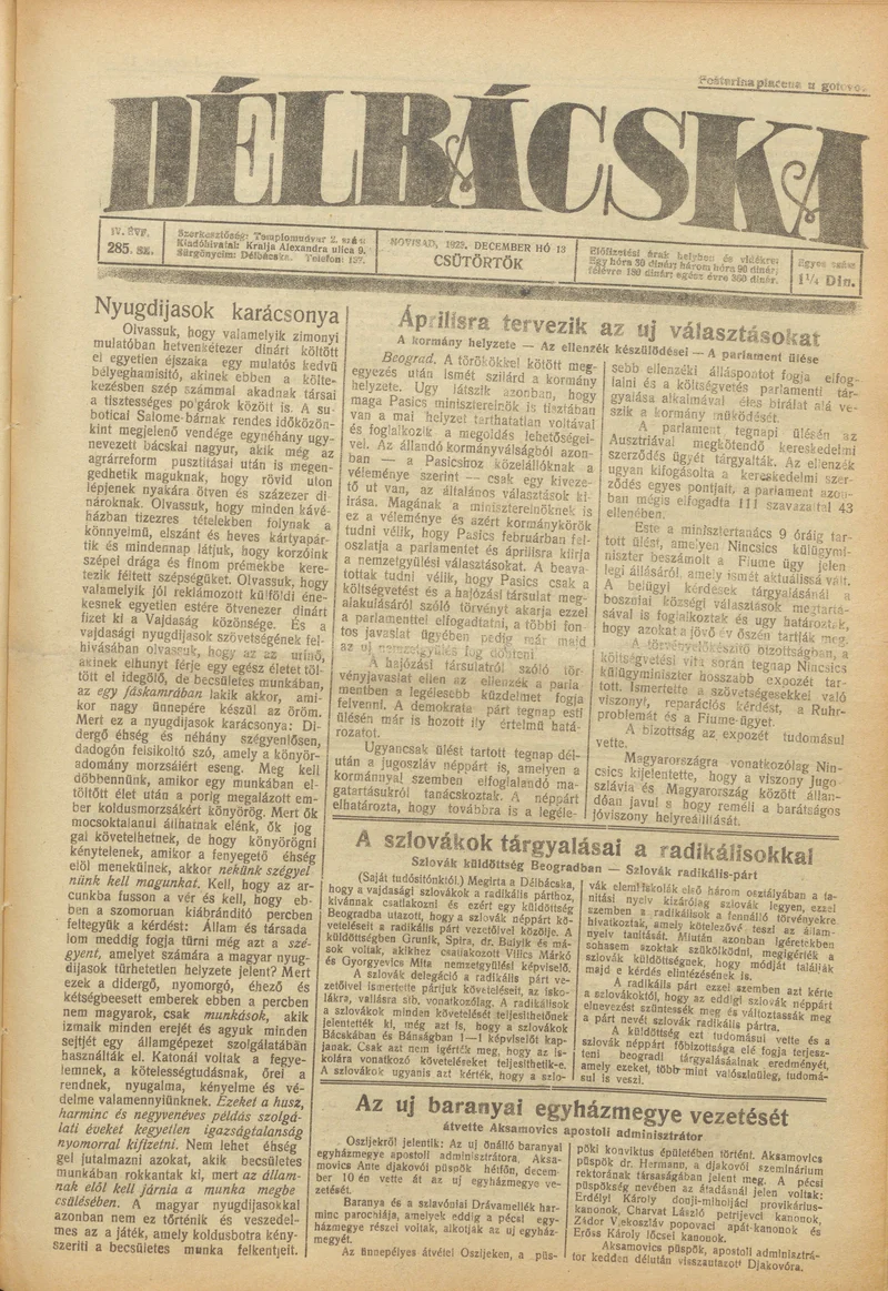 Délbácska, 4. évf. 1923. december 13. 285. sz.