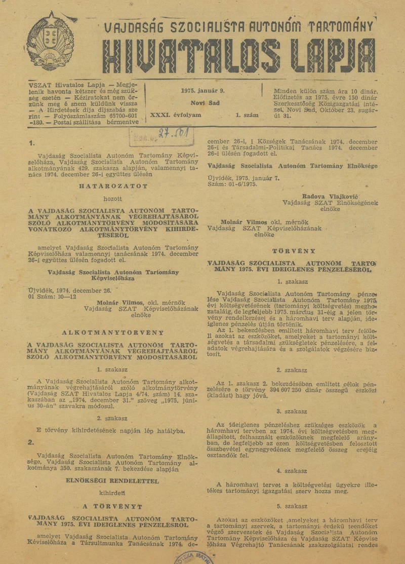 Vajdaság Szocialista Autonóm Tartomány Hivatalos Lapja, 31. évf. 1975. január 9. 1. sz. 1–48. oldal
