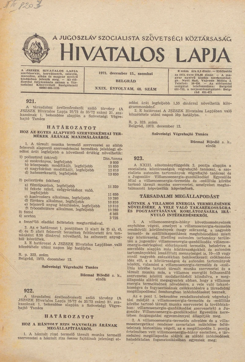 A Jugoszláv Szocialista Szövetségi Köztársaság Hivatalos Lapja, 29. évf. 1973. december 15. 68. sz. 2009–2012. oldal