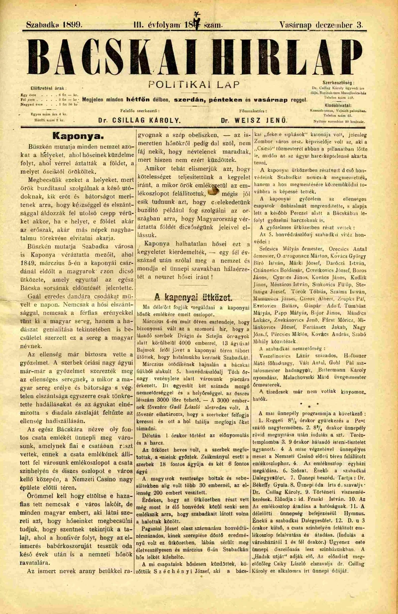Bácskai Hirlap, 3. évf. 1899. december 3. 187. sz.