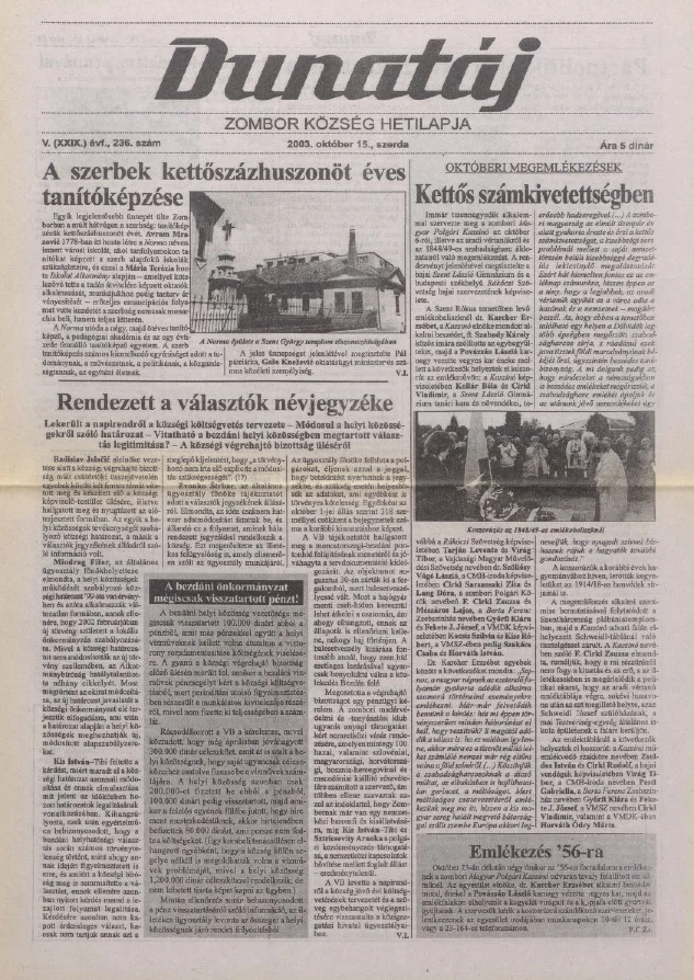 Dunatáj, 5. évf. 2003. október 15. 236. sz.