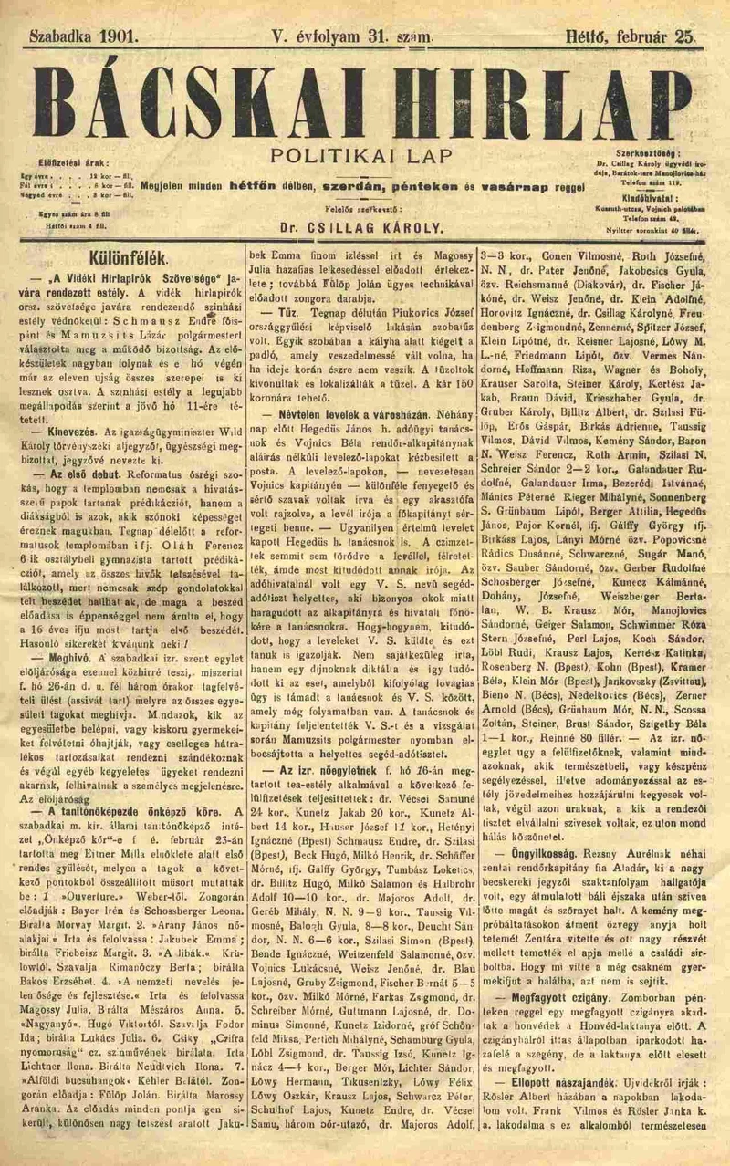 Bácskai Hirlap, 5. évf. 1901. február 25. 31. sz.