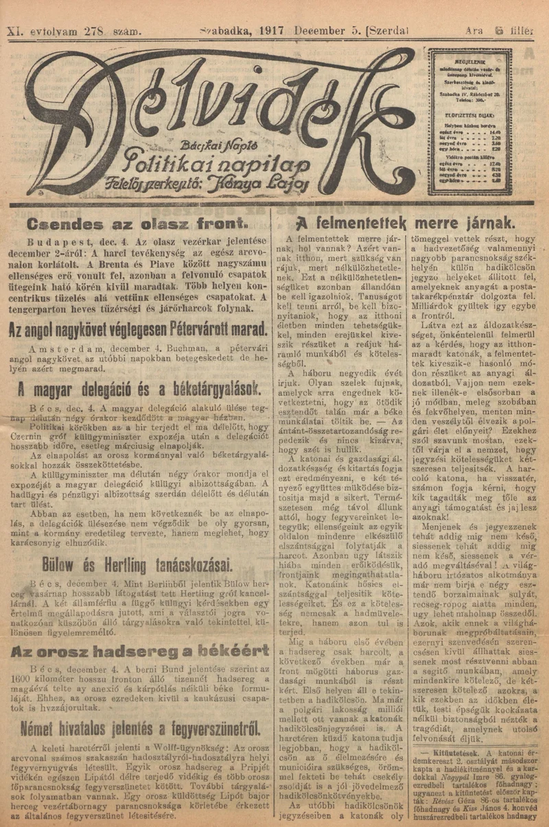Délvidék, 11. évf. 1917. december 5. 278. sz.