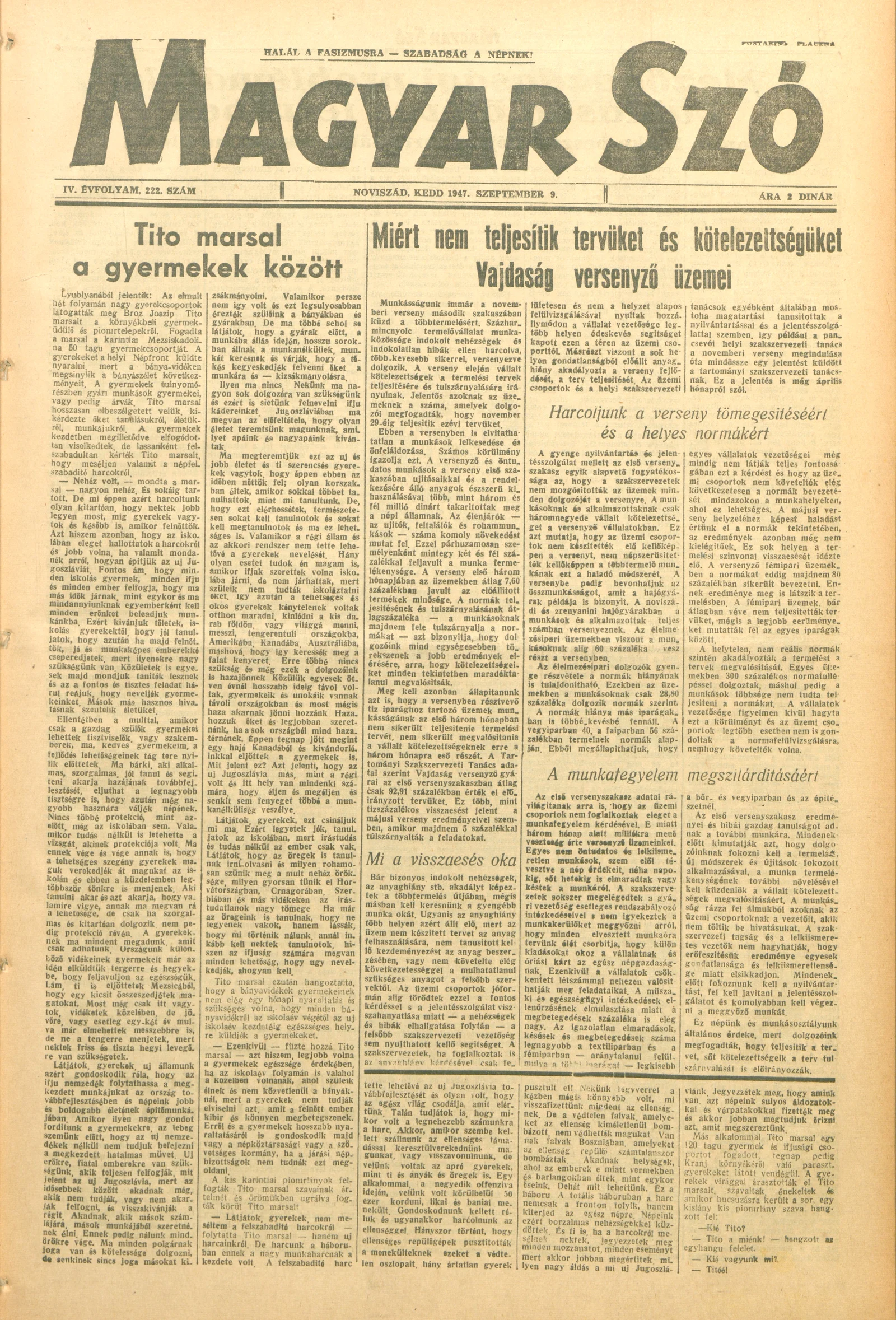 Magyar Szó, 4. évf. 1947. szeptember 9. 222. sz. 1–8. oldal
