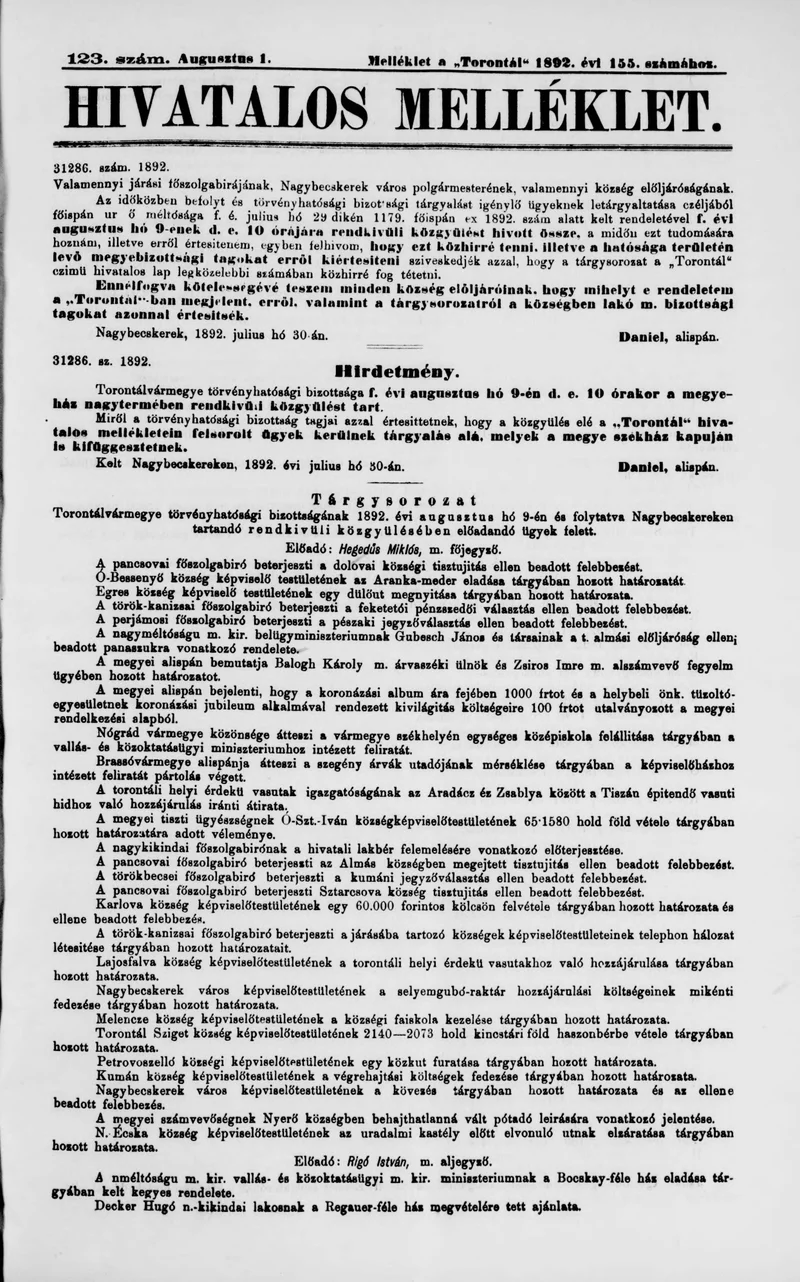 A Totontál  hivatalos melléklete, 5. évf. 1892. augusztus 1. 123. sz.