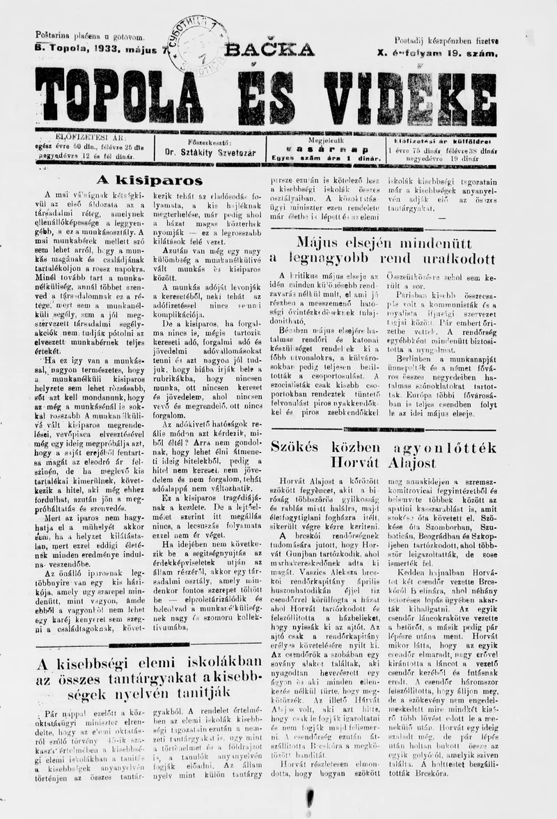 Bačka Topola és Vidéke, 10. évf. 1933. május 7. 19. sz.