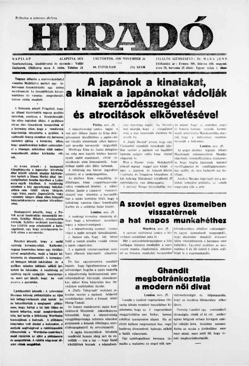 Híradó, 60. évf. 1931. november 26. 274. sz.