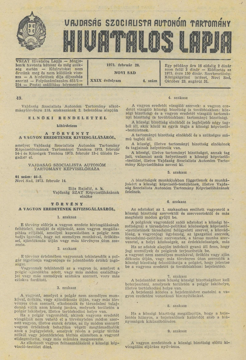 Vajdaság Szocialista Autonóm Tartomány Hivatalos Lapja, 29. évf. 1973. február 28. 4. sz. 49–52. oldal