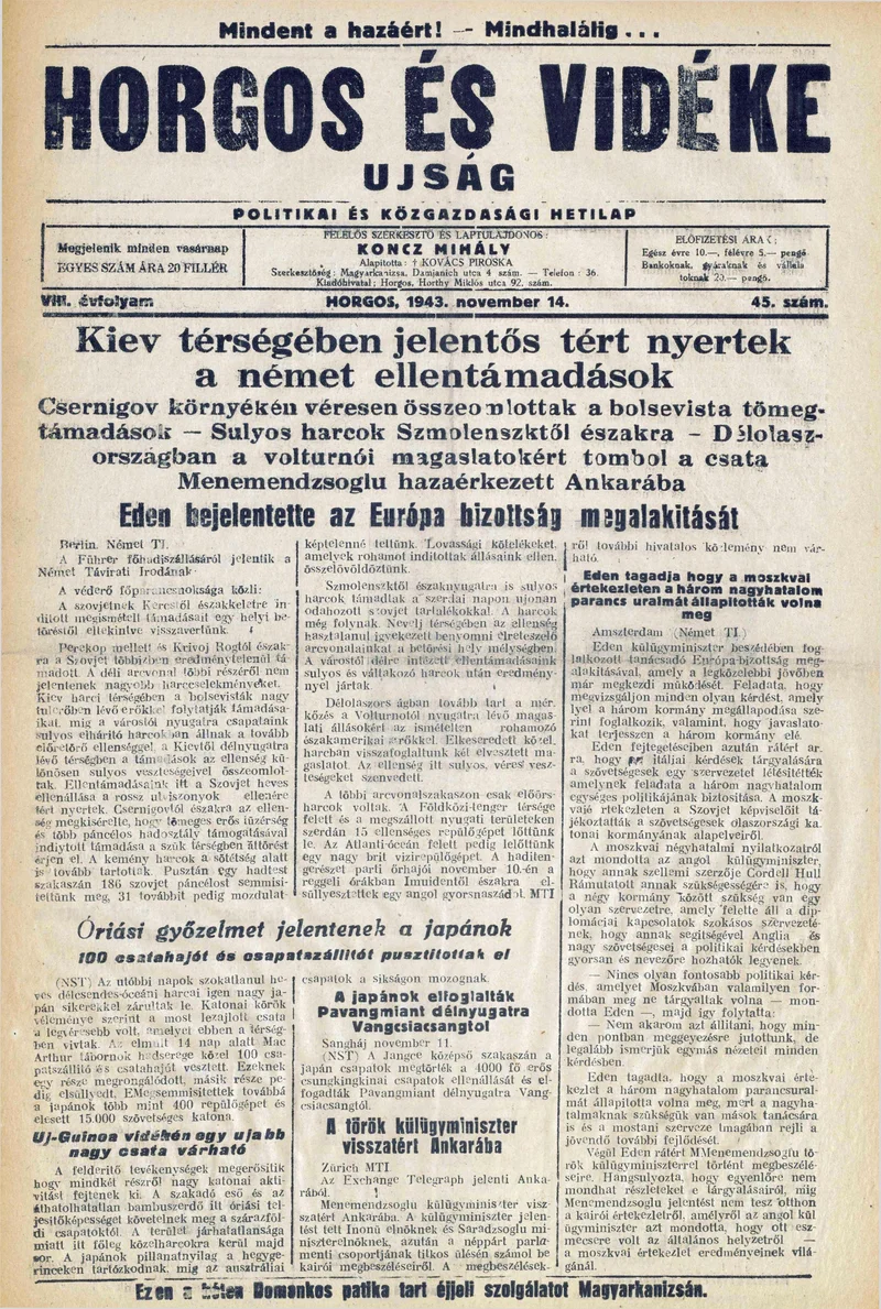 Horgos és vidéke, 8. évf. 1943. november 14. 45. sz.