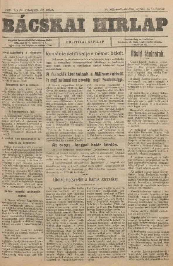 Bácskai Hirlap, 24. évf. 1920. április 15. 39. sz.