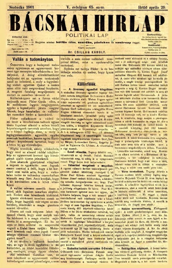 Bácskai Hirlap, 5. évf. 1901. április 29. 65. sz.