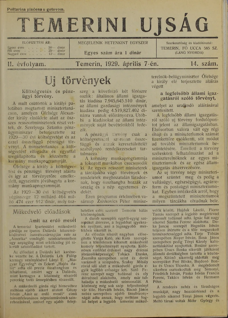 Temerini Újság 1928-1944, 2. évf. 1929. április 7. 14. sz.