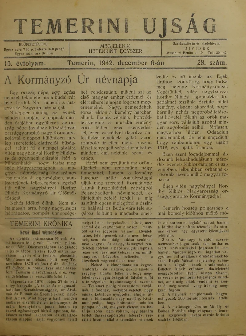 Temerini Újság 1928-1944, 15. évf. 1942. december 6. 28. sz.