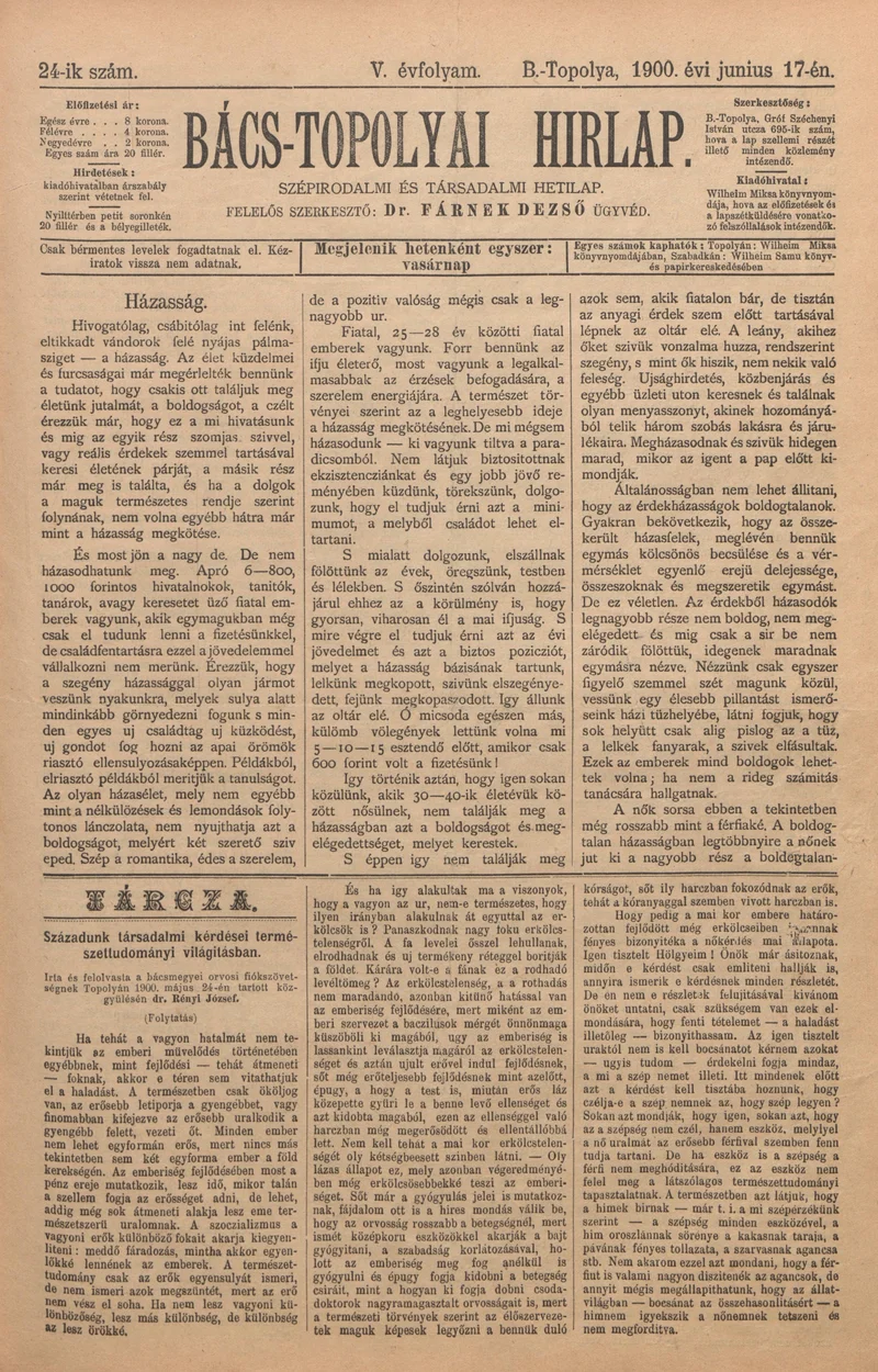 Bács-Topolyai Hirlap, 5. évf. 1900. június 17. 24. sz.
