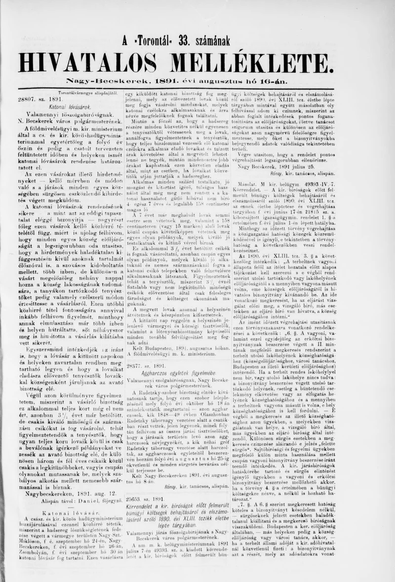 A Totontál  hivatalos melléklete, 4. évf. 1891. augusztus 16. 33. sz.