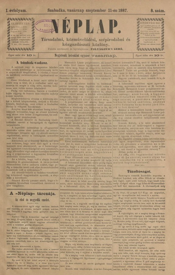 Néplap, 1. évf. 1887. szeptember 11. 8. sz.