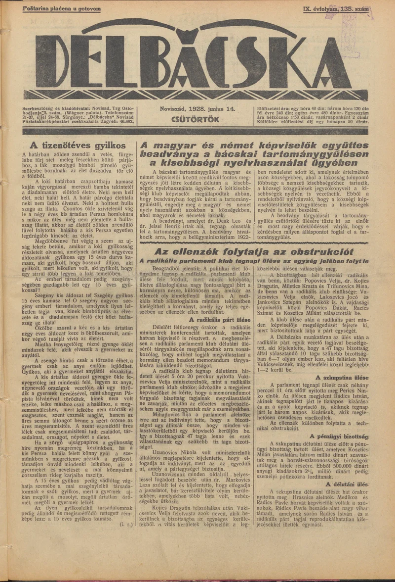 Délbácska, 9. évf. 1928. június 14. 135. sz.